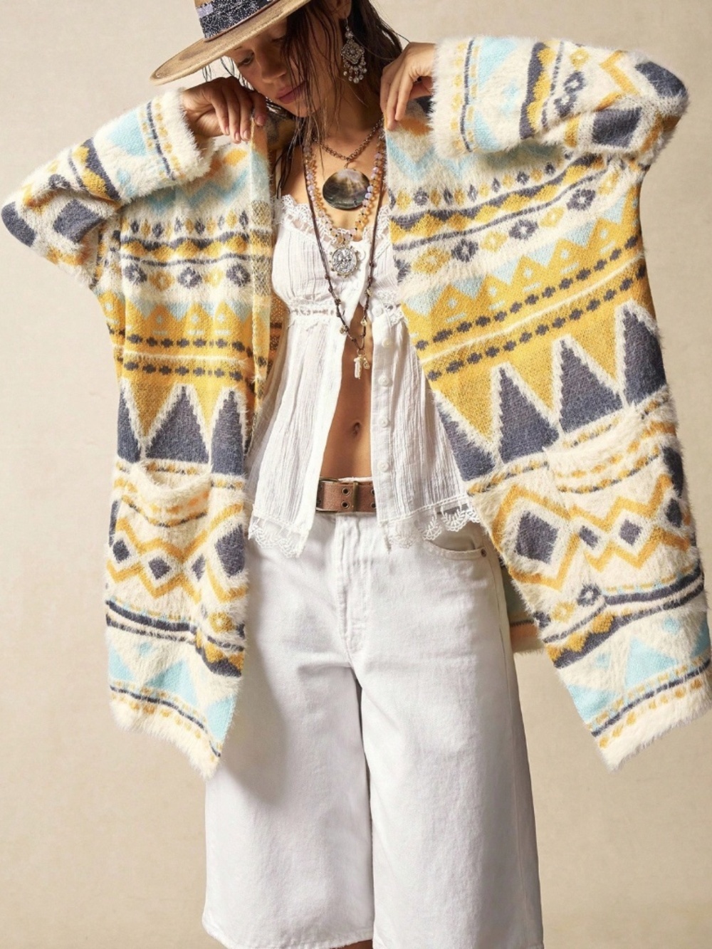 Boho Aztec Print Fuzzy Open Cardigan with Pockets, Oversized